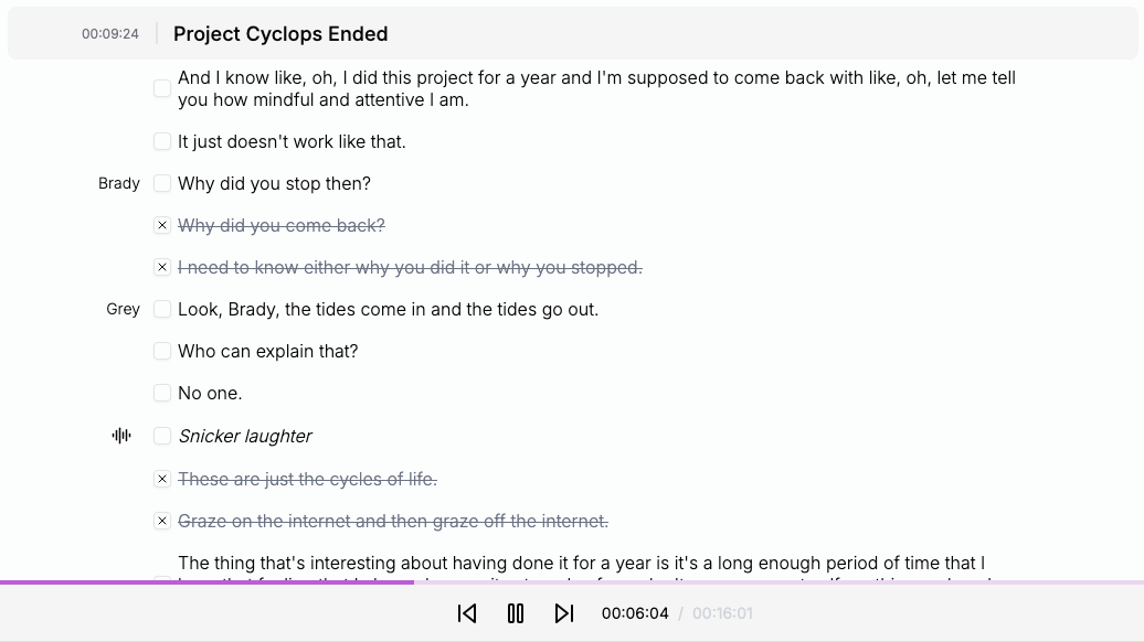 Transcript with some lines crossed out